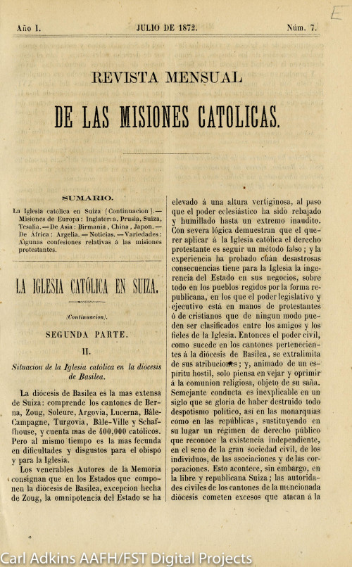 Revista mensual de las misiones católicas; año 1, núm. 7, julio de 1872