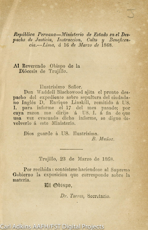 Al Reverendo Obispo de la Diócesis de Trujillo…Lima, á 16 de Marzo de 1868
