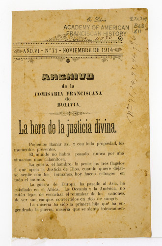 Archivo de la Comisaría Franciscana de Bolivia. No. 71