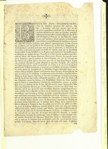 Apostolic brief of Pope Benedict XIV, confirming title of Our Lady of Guadalupe as principal patroness of New Spain, written in Rome dated May 25, 1754 (officially translated to Spanish on September 15, 1756) [Manuscript AAFH 3-7]. Mexico City and Spanish government manuscripts and miscellaneous: 1628-1823 (Manuscript AAFH 3)