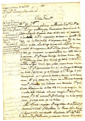 Fernando Rivera Y Moncada to Felipe de Neve requesting his aid in order to proceed to Monterey with postscript to Bucareli. Loreto, March 15, 1774 [MSS.AAFH.002-005]
Alta California manuscripts: 1764-1797