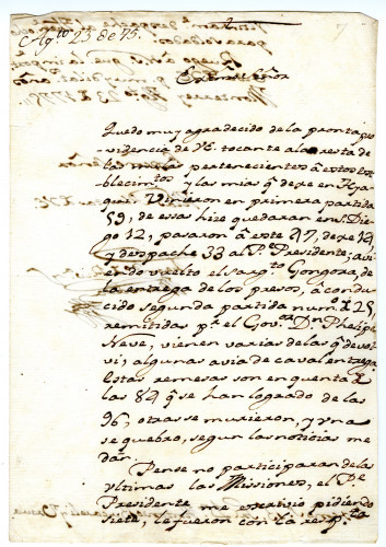 Fernando de Rivera Y Moncada to Viceroy Bucareli	 reporting the arrival of two shipments of mules, some of which were given to Serra. Monterey, August 23, 1775 [MSS.AAFH.002-023]
Alta California manuscripts: 1764-1797