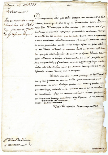 Viceroy Bucareli to Fernando de Rivera Y Moncada at Monterey stating that Neve has ordered 200 mules and 100 horses to be sent to Alta California, Mexico, May 24, 1775 [MSS.AAFH.002-018]	
Alta California manuscripts: 1764-1797