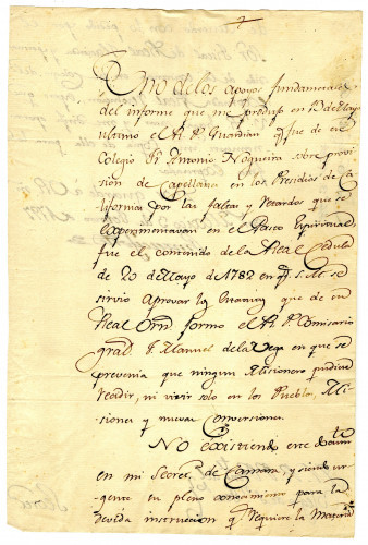 Viceroy Branciforte to  President of the College of San Fernando de Mexico requesting a copy of the Royal Cedula of May 20, 1782. Mexico City, February 3, 1797. [MSS.AAFH.002-042]	
Alta California manuscripts: 1764-1797
ARCH/MSS | 1764-1797