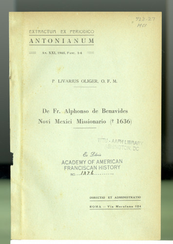 Extractum ex periodico Antonianum. De Er. Alphonso de Benavides Novi Mexici Missionario (1636).