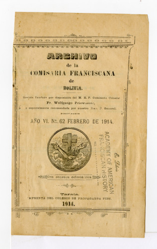 Archivo de la Comisaría Franciscana de Bolivia. No 62