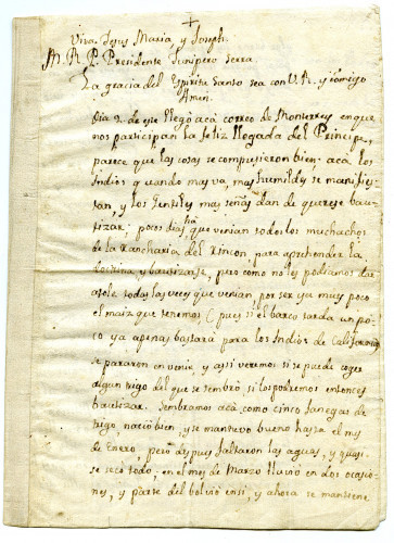 Fr. Luis Jayme to Fr. Junipero Serra. He says the Indians at San Diego seem more  submissive.  Raises possibility of founding mission 6 or 7 leagues N. of San Diego. San Diego, April 3, 1773 [MSS.AAFH.002-004]
Alta California manuscripts : 1764-1797