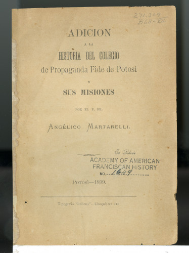 Adicion a la Historia del Colegio de Propaganda Fide de Potosi sus Misiones por el P. Fr. Angelico Martarelli (146)