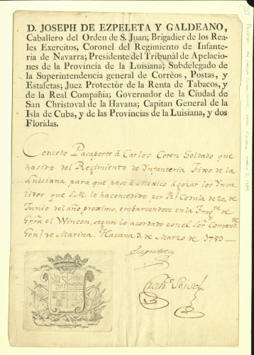 Passport for Carlos Coten (soldier), manuscript with print and seal, Havana, March 3, 1789 [Manuscript AAFH 3-20]. Mexico City and Spanish government manuscripts and miscellaneous: 1628-1823 (Manuscript AAFH 3)