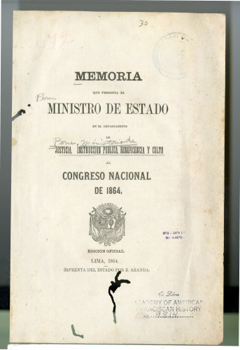 281 Memoria que presenta el Ministro de Estado en el Departamento de Justicia, Instruccion Publica, Beneficencia y culto