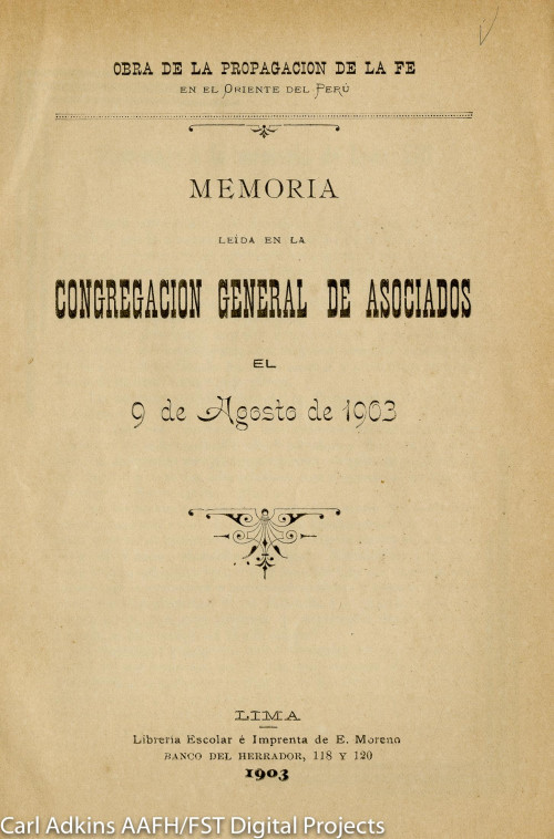Memoria leída en la Congregación General de Asociados el 9 de Agosto de 1903