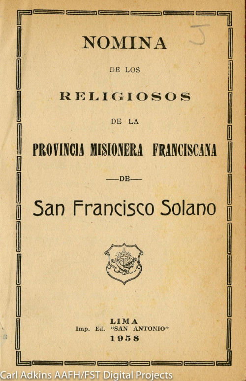 Nomina de los religiosos de la provincia misionera Franciscana de san Francisco solano