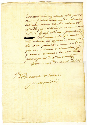 Viceroy Bucareli to Fernando de Rivera Y Moncada	acknowledging his letter of thanks for sending a shipment of mules to California. Mexico City, January 20, 1776. [MSS.AAFH.002-034]
Alta California manuscripts: 1764-1797
ARCH/MSS | 1764-1797