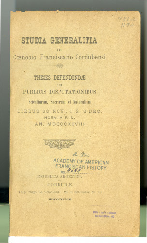 220 Studia Generalitia Cœnobio Franciscan Cordubensi Theses Defendenda in Publicis Disputationibus