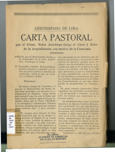 230 Arzobispado de Lima Carta Pastoral
que el Iltmo. Señor Arzobispo dirige al Clero y fieles
de la Arquidiócesis, con motivo de la Cuaresma