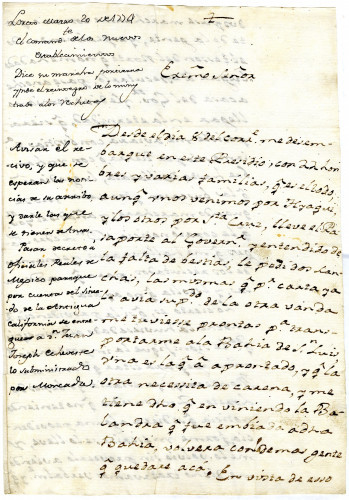 Fernando Rivera Y Moncada to Viceroy Bucareli concerning reimbursement for pay to soldiers who are accompanying him to Monterey. Loreto, March 20, 1774 [MSS.AAFH.002-006]
Alta California manuscripts: 1764-1797