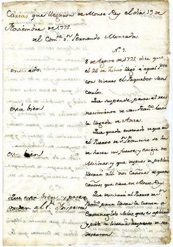 Rivera Y Moncada, Commandant of Upper California, in the mail of November 19, 1775 and which require the Viceroy's decisions. November 19, 1775. Summary of matters contained in the letters received by Viceroy Bucareli from Fernando de 
[MSS.AAFH.002-029]
Alta California manuscripts: 1764-1797