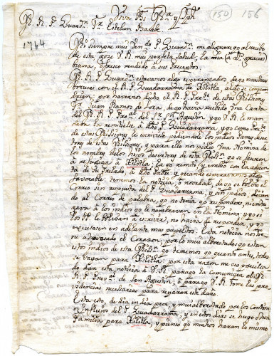 Fr. Juan Crespi to Fr. Estevan Basava, Guardian at San Fernando College. Tilaco, ? 20, 1764 [MSS.AAFH.002-001]	
Alta California manuscripts: 1764-1797