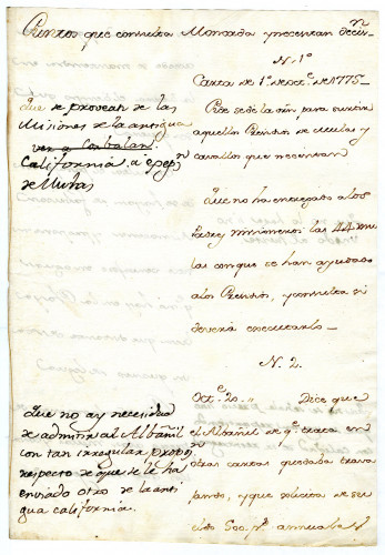 Summary of matters about which Fernando de Rivera Y Moncada has written to Viceroy Bucareli requesting that orders be sent to him.  Bucareli's decisions are written in the margins. November (?) 1775 or later [MSS.AAFH.002-030]
Alta California manuscripts: 1764-1797