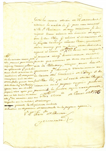 Viceroy Bucareli to Fernando de Rivera Y Moncada ordering him not to deny permission to return to Mexico to a sailor in whose favor Serra had interceded. Mexico City. January 20, 1776 [MSS.AAFH.002-035]	
Alta California manuscripts: 1764-1797
ARCH/MSS | 1764-1797