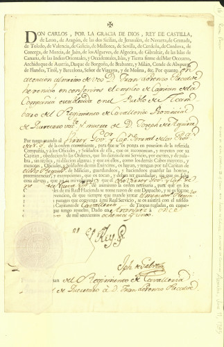 Royal Patent signed by King Charles III of Spain and Joseph de Gʹalvez (Minister of Colonies), manuscript and printed with seal, Aranjuez, June 11, 1785 [Manuscript AAFH 3-16]. Mexico City and Spanish government manuscripts and miscellaneous: 1628-1823 (Manuscript AAFH 3)