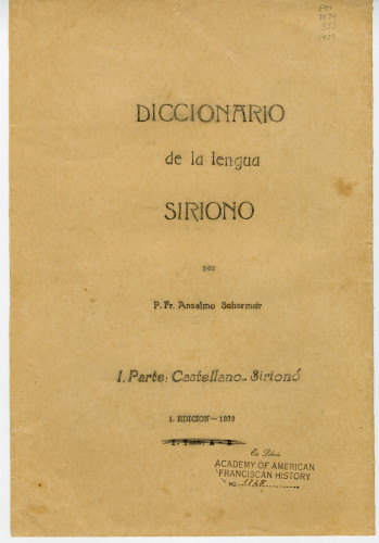 (Part 4 of 4-in process) Diccionario de la lengua Siriono por P. Fr. Anselmo Schermair 
I. Parte: Castellano Sirionó 1. Edicion--1939
(T-Z)