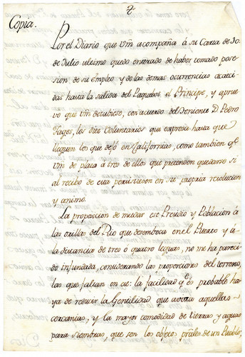 Viceroy Bucareli to Rivera Y Moncada acknowledging receipt of his diary, and ordering him to defer removal of the Presidio and town of Monterey to the new site (with copy of letter). Mexico City, January 2, 1775 [MSS.AAFH.002-017]	
Alta California manuscripts: 1764-1797