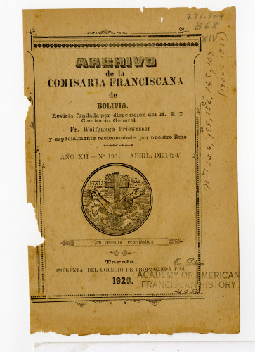 Archivo de la Comisaría Franciscana de Bolivia. No.136