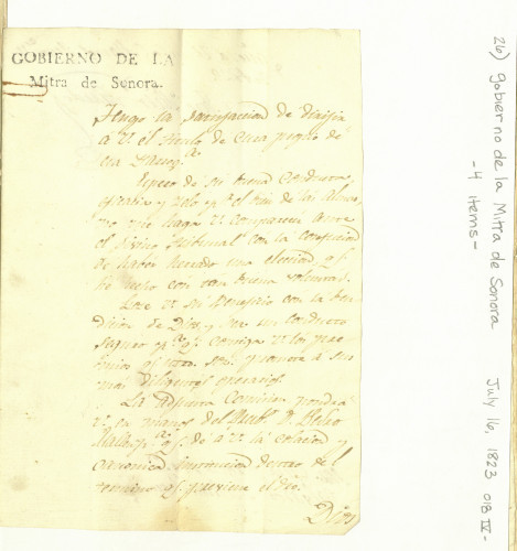 Gobierno de la Mitra de Sonora (4 items), July 16, 1823 [Manuscript AAFH 3-26]. Mexico City and Spanish government manuscripts and miscellaneous: 1628-1823 (Manuscript AAFH 3)