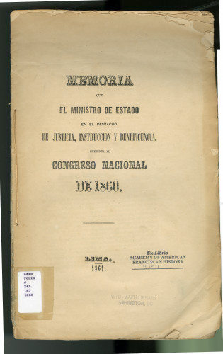 281 Memoria que el ministro de estado en el despacho de justicia. instruccion y Beneficencia, Presenta al congreso Nacional de 1860