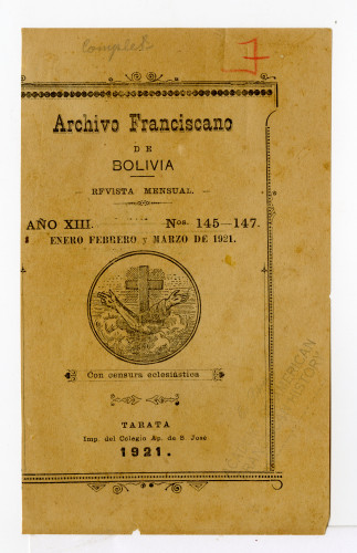 Archivo Franciscano de Bolivia Revista Mensual. No. 145-147