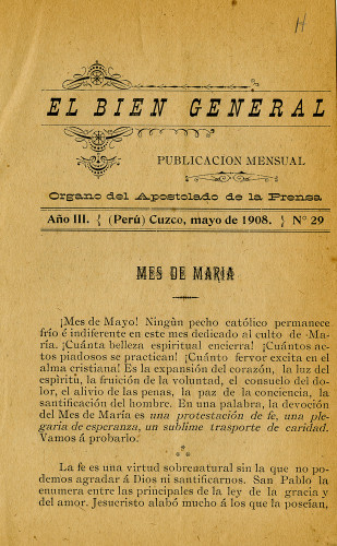 El bien general: publicación mensual / Organo del Apostolado de la Prensa. Año III, Peru cuzco Mayo de 1908 no 29