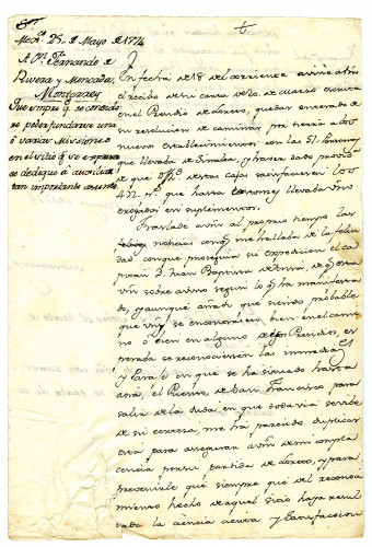 Viceroy Bucareli to Rivera Y Moncada ordering him to cooperate with Anza in mapping the region of San Francisco and founding one or more missions there. Mexico City, May 25, 1774 [MSS.AAFH.002-011]
Alta California manuscripts: 1764-1797