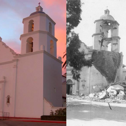 Mission San Luis Rey bell tower/past & present
