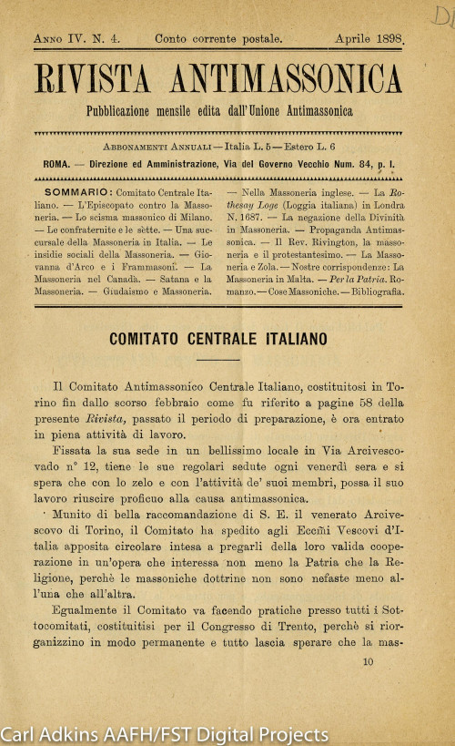 Rivista antimassonica; publicazione mensile edita dall'Unione Antimassonica. Anno 4, n. 4, aprile 1898
