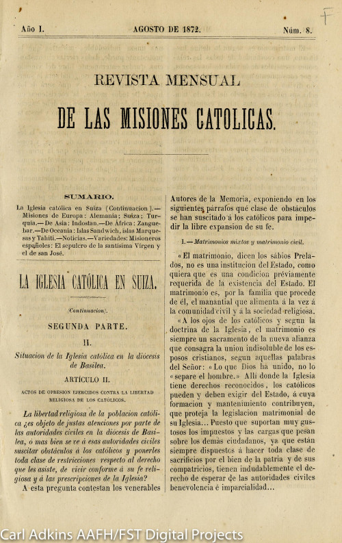 Revista mensual de las misiones católicas; año 1, núm. 8, agosto de 1872