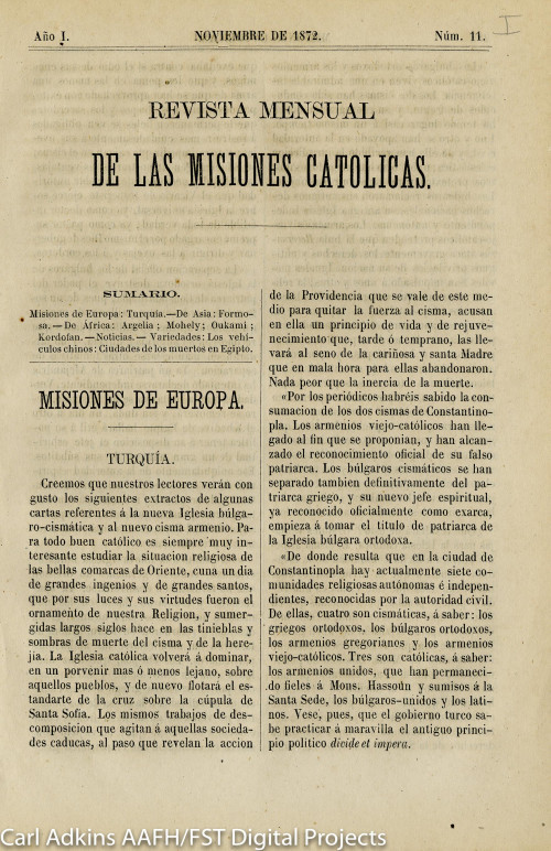 Revista mensual de las misiones católicas; año 1, núm. 11, noviembre de 1872
