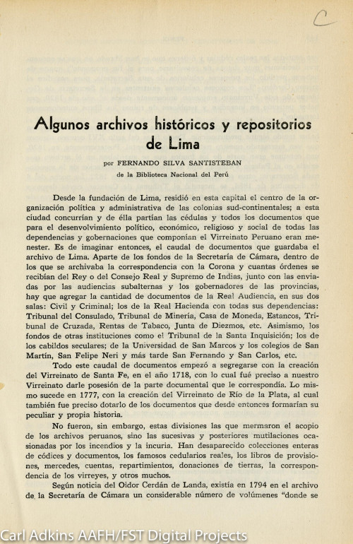 Algunos archivos historicos y repositorios de Lima por Fernando Silva Santisteban de la biblioteca nacional del Peru