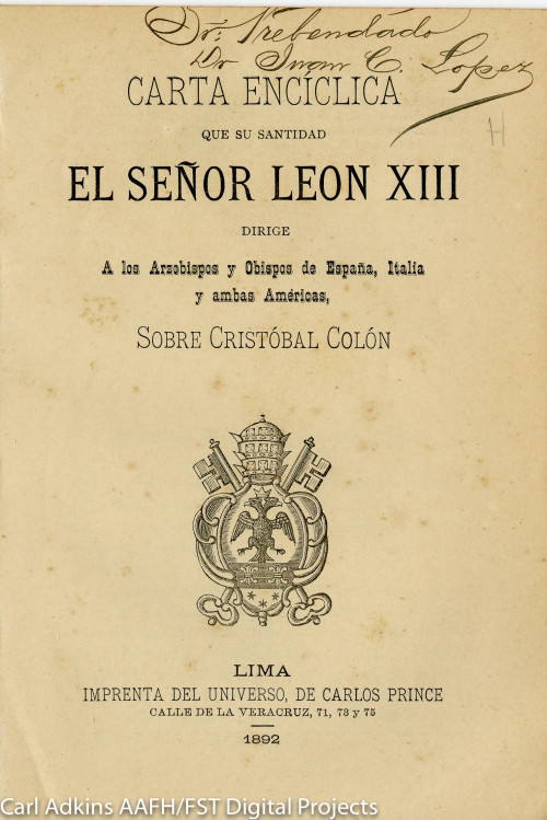 Carta encíclica que su Santidad el Señor León XIII dirige a los arzobispos y obispos de España, Italia y ambas Américas sobre Cristobal Colón