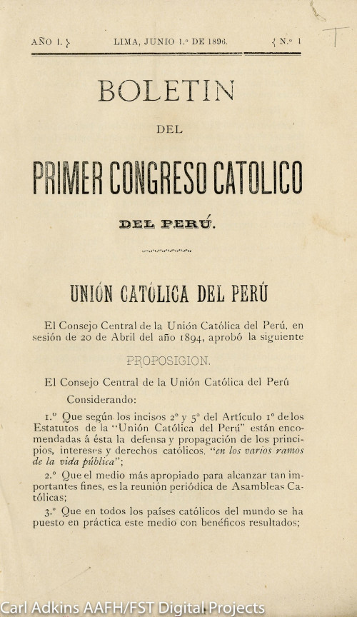 Boletín del primer Congreso Católico del Perú, año 1, no.1; junio de 1896