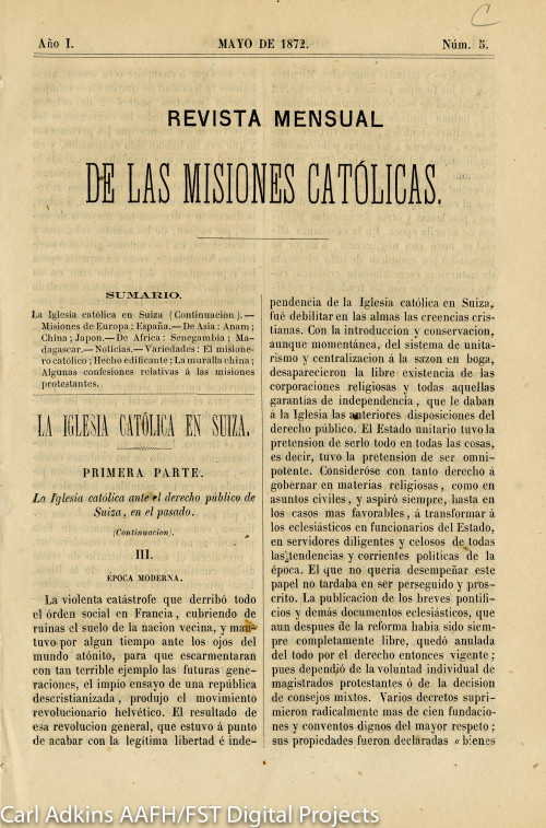 Revista mensual de las misiones católicas; año 1, núm. 5, mayo de 1872