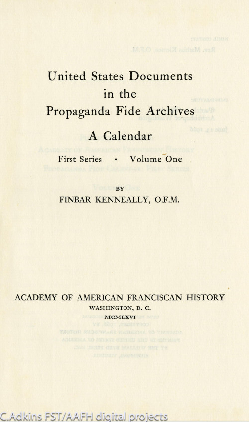 United States documents in the Propaganda Fide archives; a calendar v.1