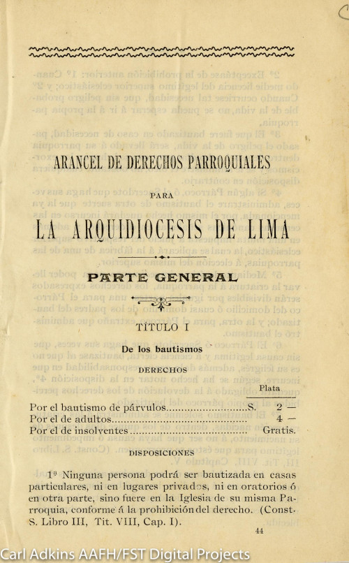 Arancel de derechos parroquiales para la Arquidiócesis de Lima, parte general