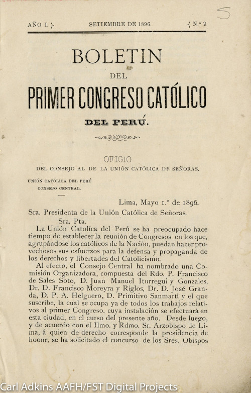 Boletín del primer Congreso Católico del Perú, año 1, no.2; septiembre de 1896