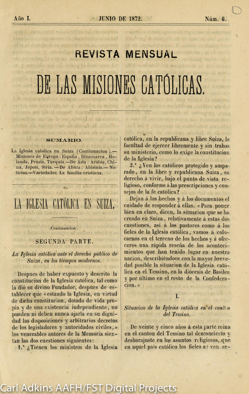 Revista mensual de las misiones católicas; año 1, núm. 6, junio de 1872