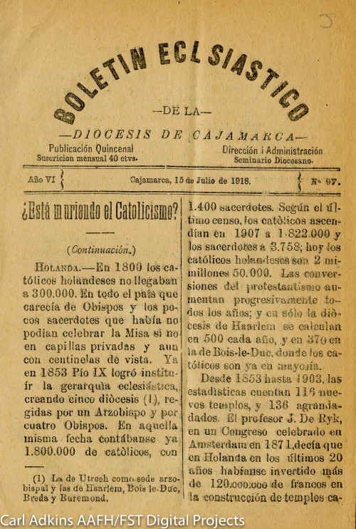 Boletin eclsiástico de la Diócesis de Cajamarca; publicación quincenal Año VI no 97, 15 de julio de 1918