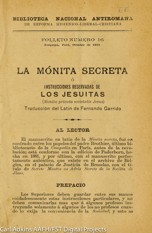 La Mónita Secreta o instrucciones reservadas de los Jesuitos [traducción del Latin]