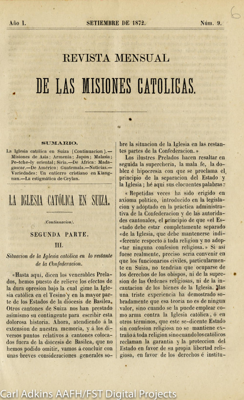Revista mensual de las misiones católicas; año 1, núm. 9, septiembre de 1872