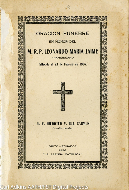 Oración funebre en honor del M.R.P. Leonardo Maria Jaime, Franciscano, fallecido el 23 de febrero de 1936.